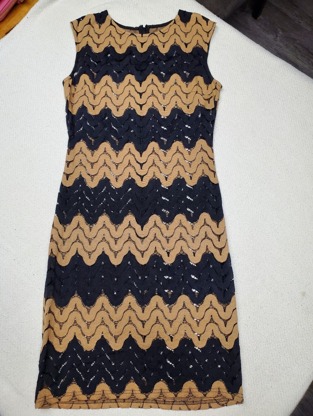 Womens Black Tan Chevron Wave Lace Sheath Dress Sleeveless Midi Lined Zip